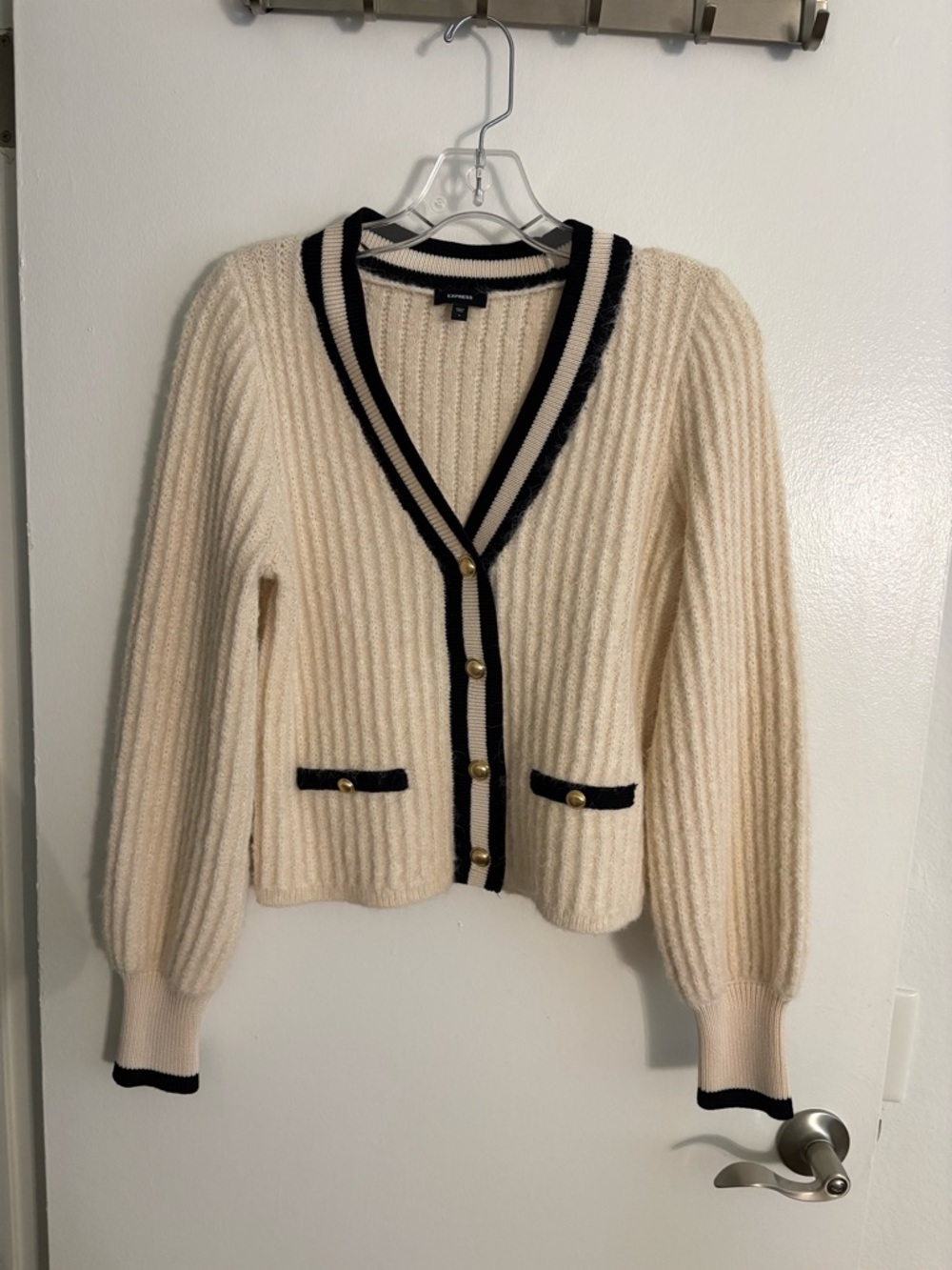 Express Cream Ribbed V-Neck Cardigan with Black Trim